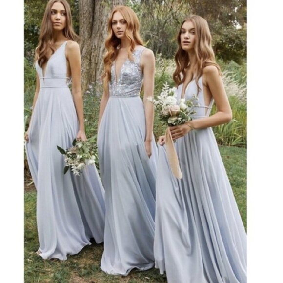 BHLDN x ANTHROPOLOGIE Jenny Yoo Kinsley Dress Embroidered Chiffon Whisper Blue - Picture 3 of 11